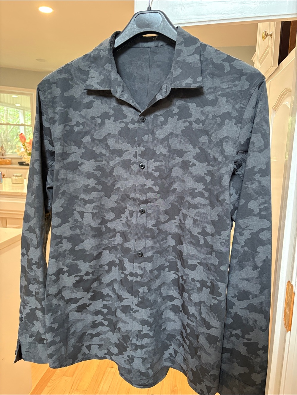 Men's Long Sleeve Black & Gray Camouflage Button-Up Shirt